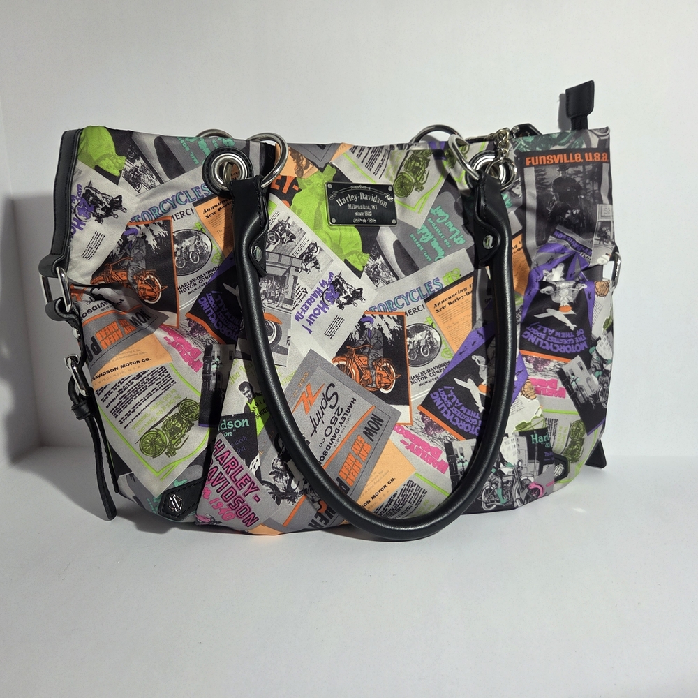 ​Harley-Davidson Women's "Yesterday's News" Retro Art Tote Purse, Orange Lining